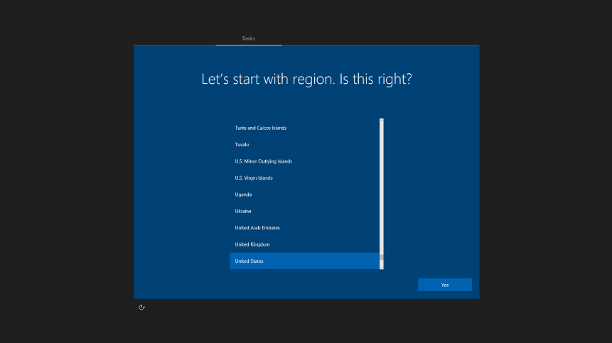The first screen to set up a new PC in Windows 10 Fall Creators Update