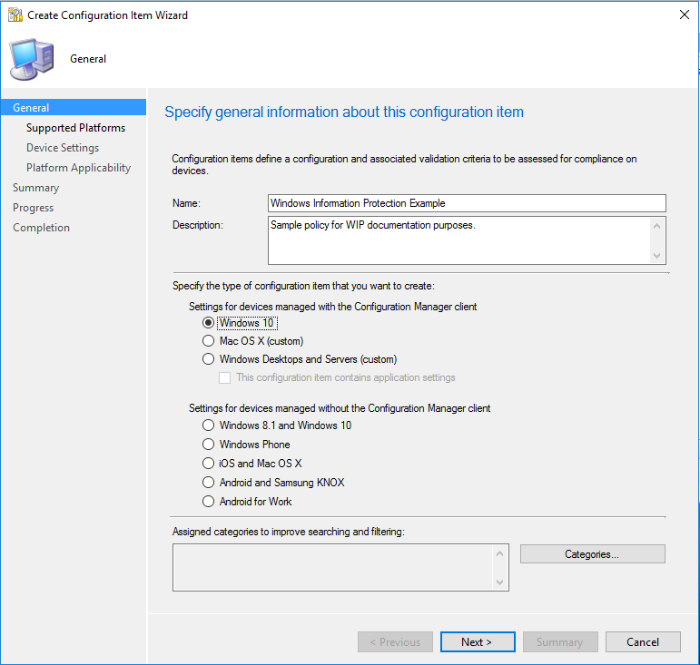 Create Configuration Item wizard, define the configuration item and choose the configuration type