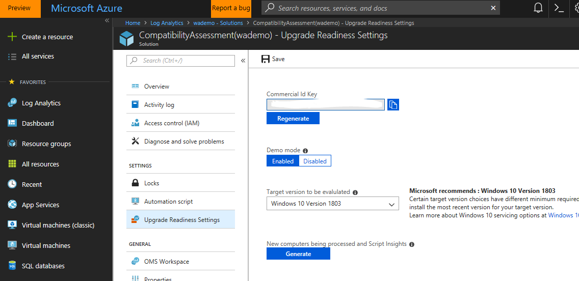 Settings page for Upgrade Readiness in Azure portsl