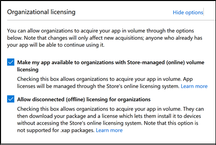 Image showing Organizational licensing page - part of Windows Store app submission process.