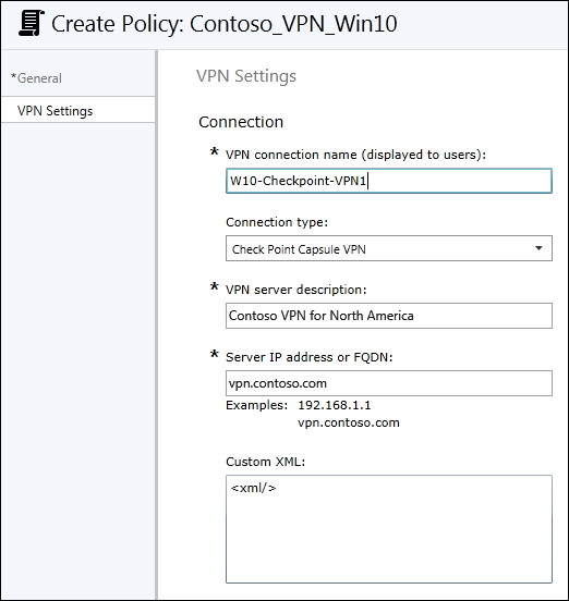 Microsoft Intune: Fill in the VPN Settings area