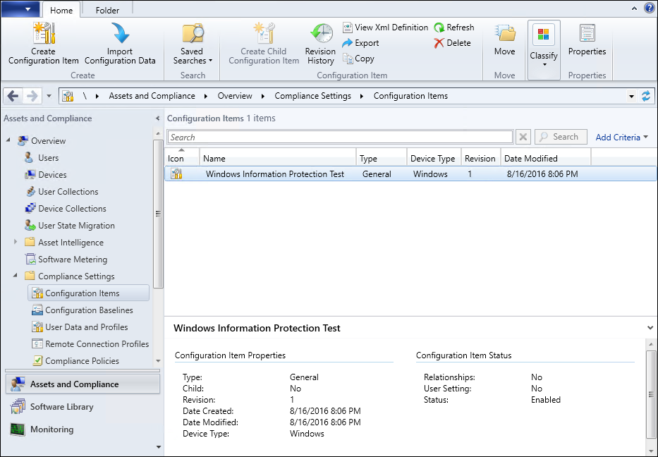 System Center Configuration Manager, Configuration Items screen