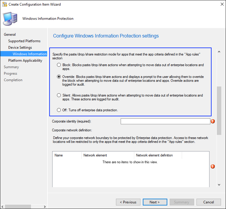 Create Configuration Item wizard, choose your WIP-protection level