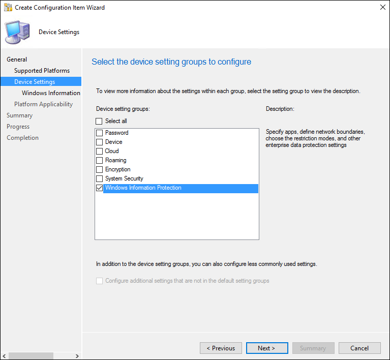 Create Configuration Item wizard, choose the Windows Information Protection settings