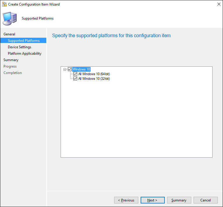 Create Configuration Item wizard, choose the supported platforms for the policy