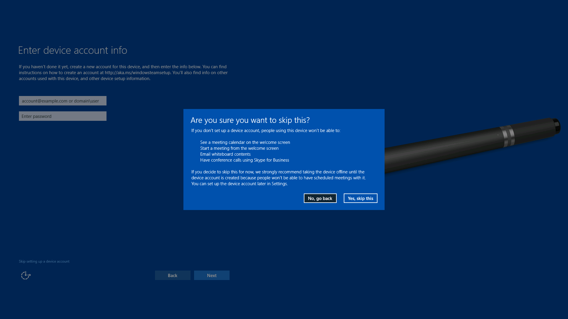 Image showing message the is displaed to confirm you want to skip creating a device account.