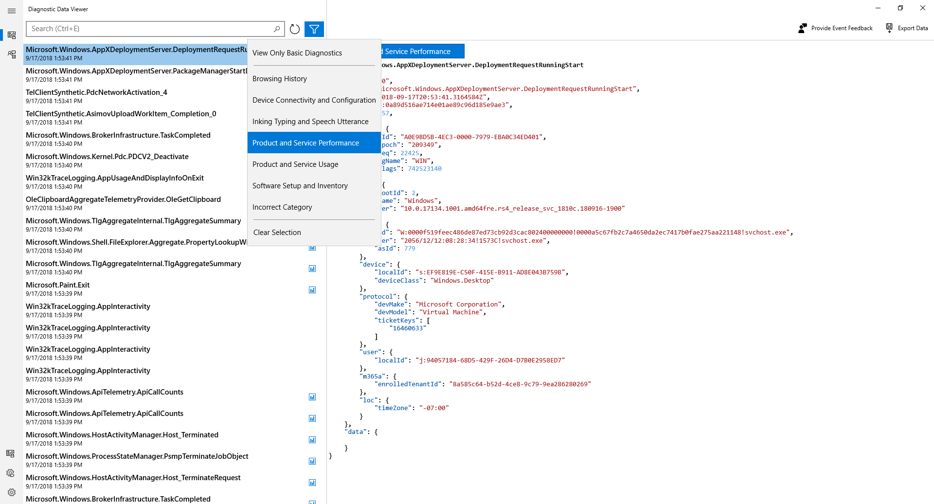 Filter your diagnostic event categories