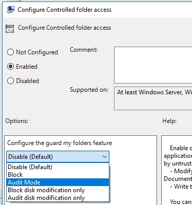 Screenshot of group policy option with Enabled and then Enable selected in the drop down