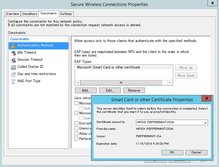 Constraints tab of the secure wireless connections properties