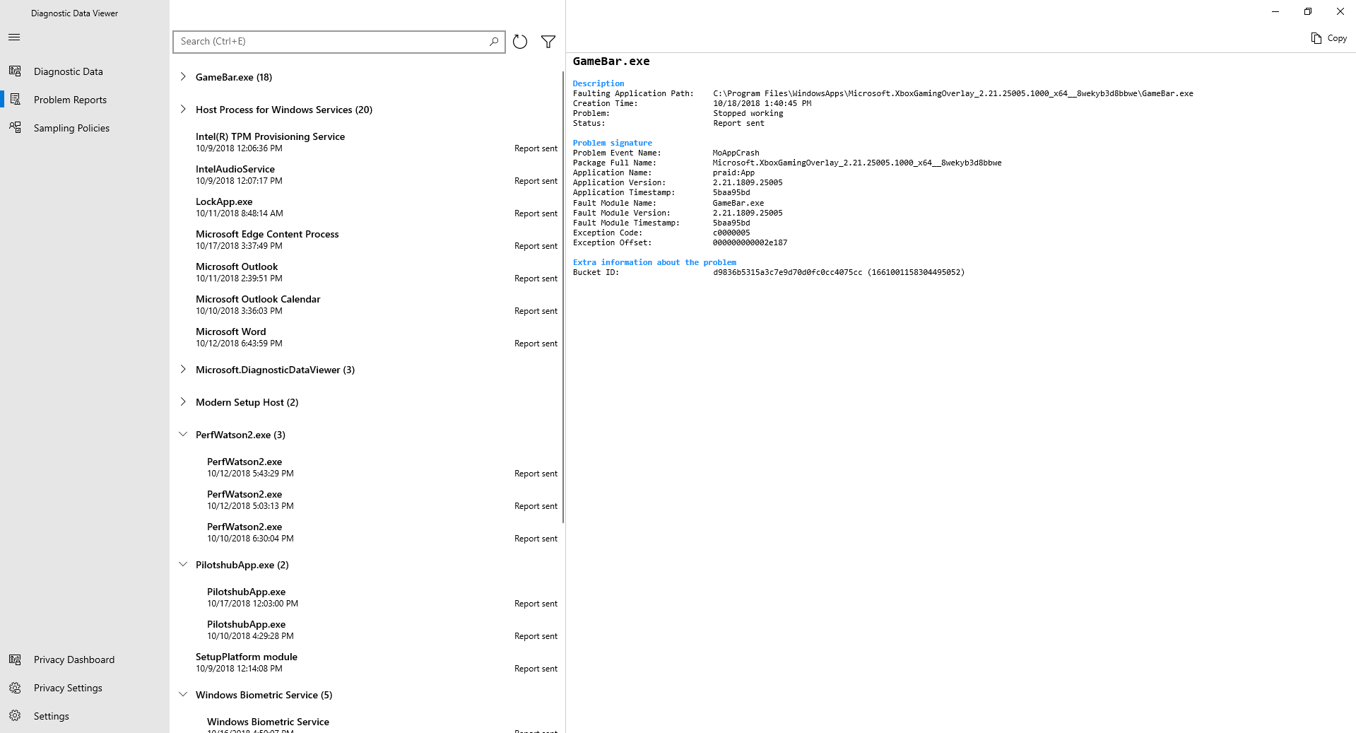 Starting with Windows 1809 and higher, you can review Windows Error Reporting diagnostic data in the Diagnostic Data Viewer