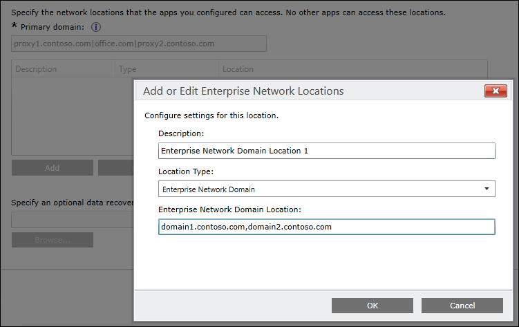 Microsoft Intune: Choose the primary domain and the other network locations for protected apps