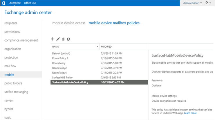 Image showing new mobile device mailbox policy in Exchange admin center.