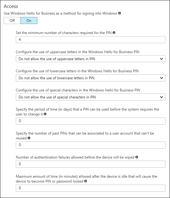 Microsoft Intune, Choose to use Windows Hello for Business
