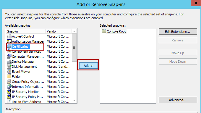 Add or Remove Snap-ins window