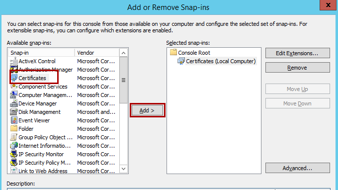Add or Remove Snap-ins window