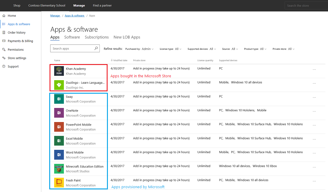 Apps inventory in Store for Business
