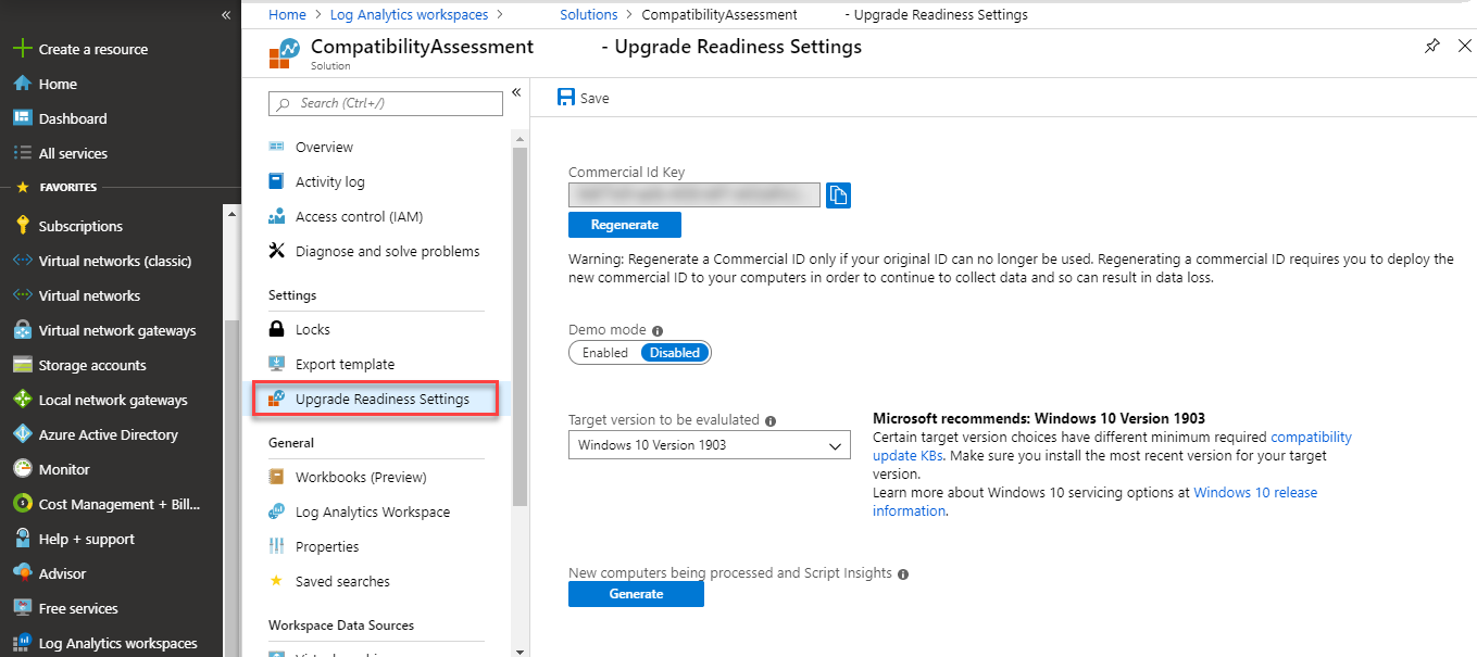 Settings page for Upgrade Readiness in Azure portal