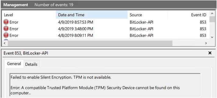 Details of event ID 853 (TPM is not available, cannot find TPM).