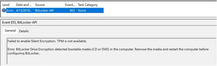 Details of event ID 853 (TPM is not available, bootable media found).