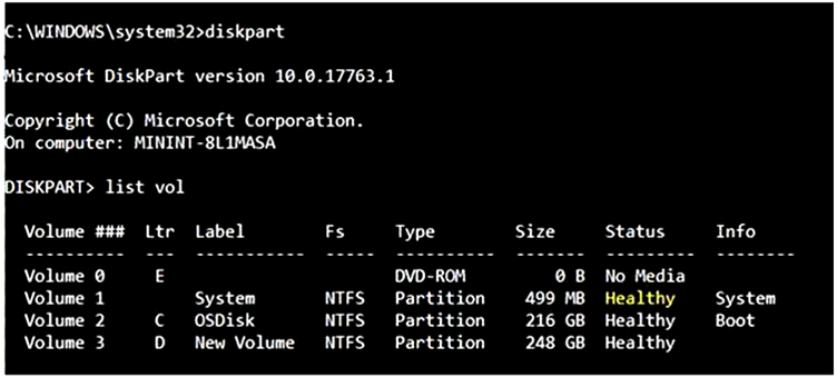 Output of the list volume command in the Diskpart app.