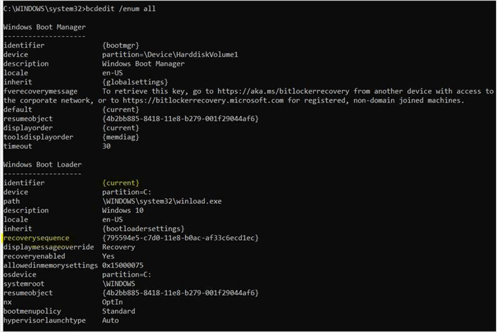 Output of the bcdedit /enum all command.