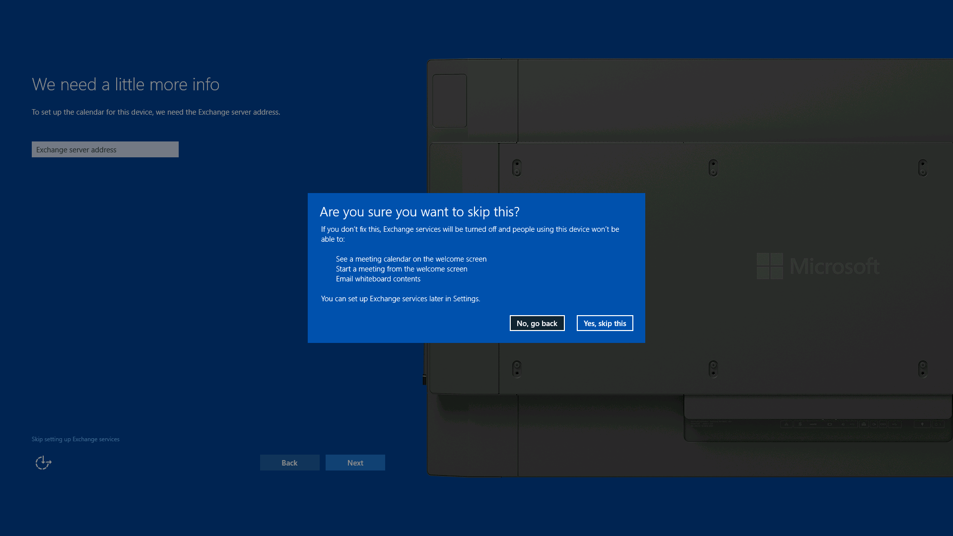 Image showing confirmation message that is displayed when you skip setting up Exchange services.