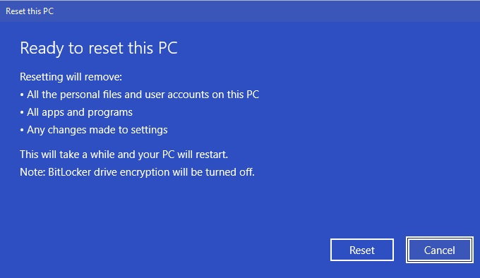 Reset this PC final prompt