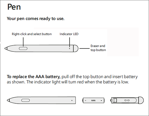 *Surface Hub 2 pen comes ready to use. To replace AAA battery, pull off the top button and insert battery as shown. The indicator light will turn red when the battery is low.*