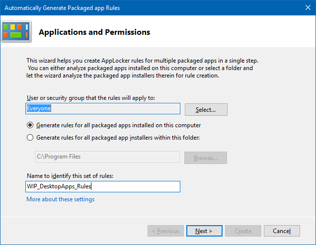 Local security snap-in, showing the Applications and Permissions screen