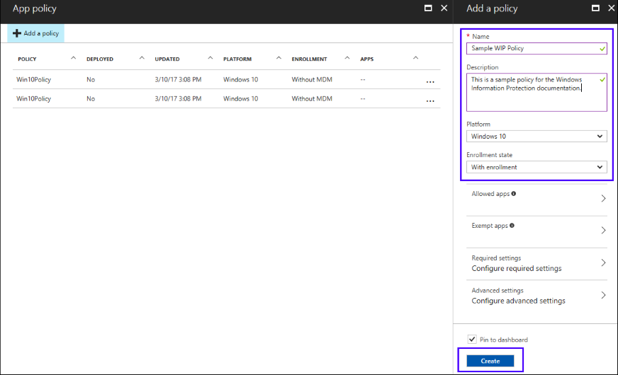 Microsoft Azure Intune management console: Create your new policy in the Add a policy blade