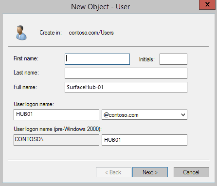 New object box for creating a new user in active directory.