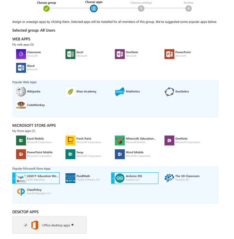 Choose apps to install for the group