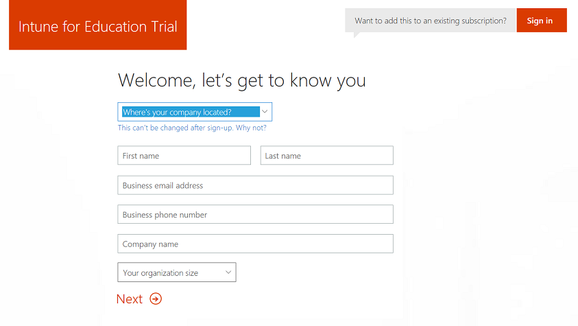Intune for Education trial sign in page