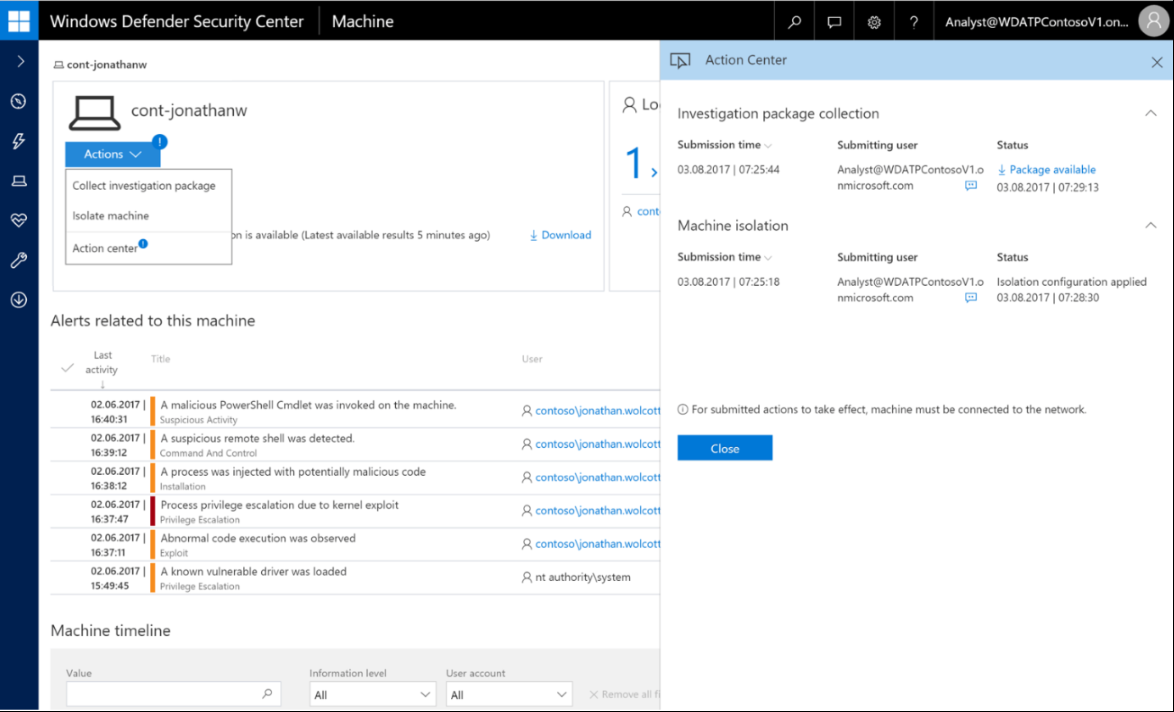Windows Defender Security Center - Machine screen