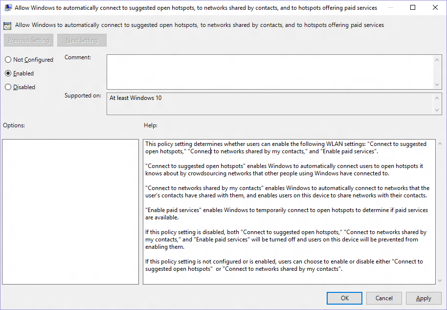 Group Policy Editor, showing the Wi-Fi Sense setting