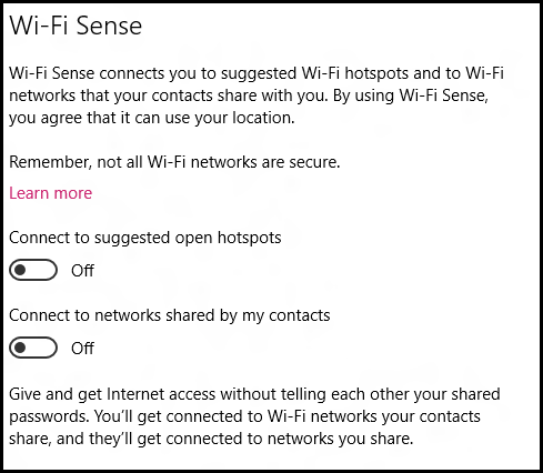 Wi-Fi Sense options shown to employees if it's not turned off