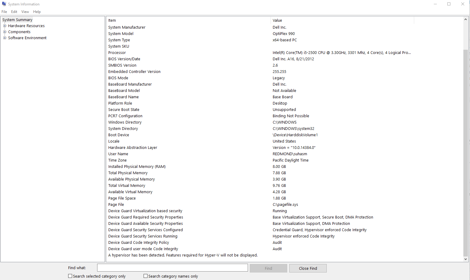 Windows Defender Device Guard properties in the System Summary