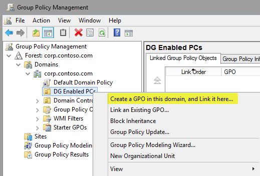 Group Policy Management, create a GPO