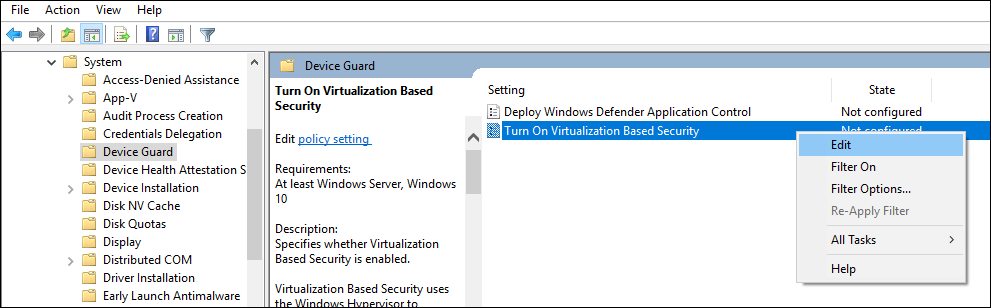 Edit the group policy for Virtualization Based Security