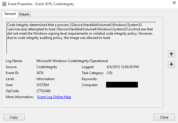 Event showing exception to code integrity policy