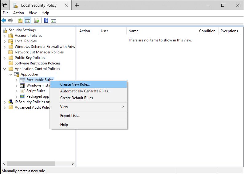 Local security snap-in, showing the Executable Rules