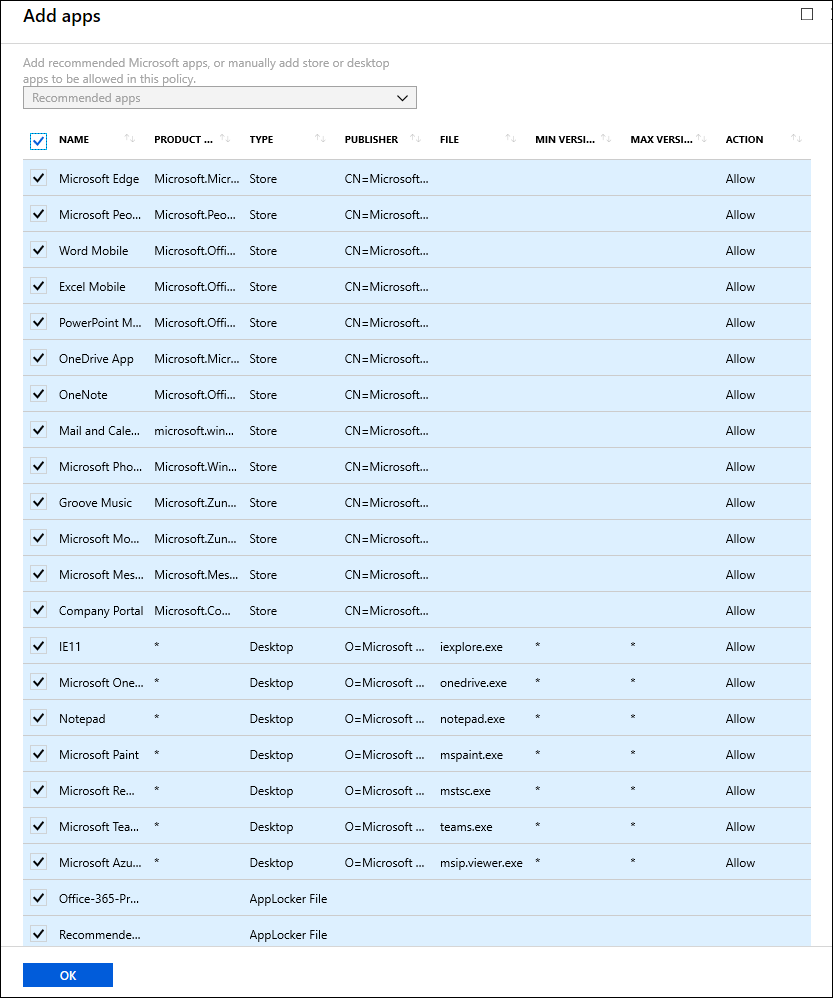 Microsoft Intune management console: Recommended apps