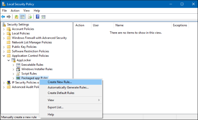 Local security snap-in, showing the Packaged app Rules