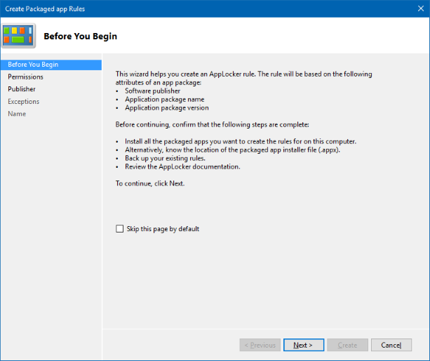Create Packaged app Rules wizard, showing the Before You Begin page