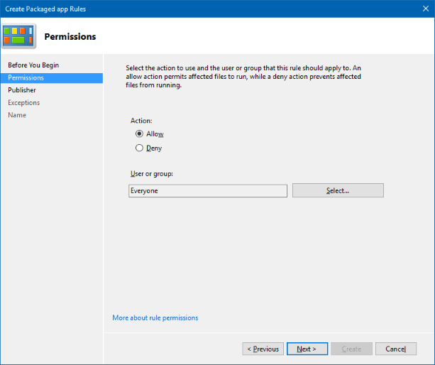 Create Packaged app Rules wizard, showing the Before You Begin page