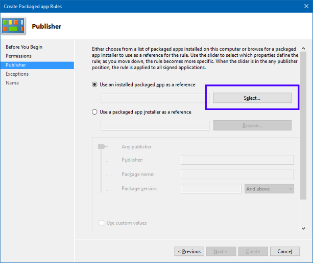 Create Packaged app Rules wizard, showing the Publisher