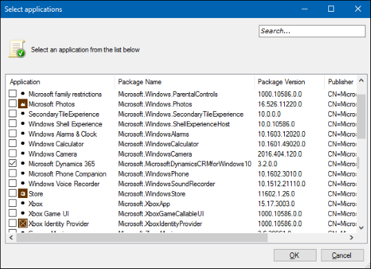 Create Packaged app Rules wizard, showing the Select applications page