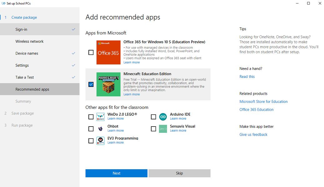 Recommended apps in Set up School PCs package configuration