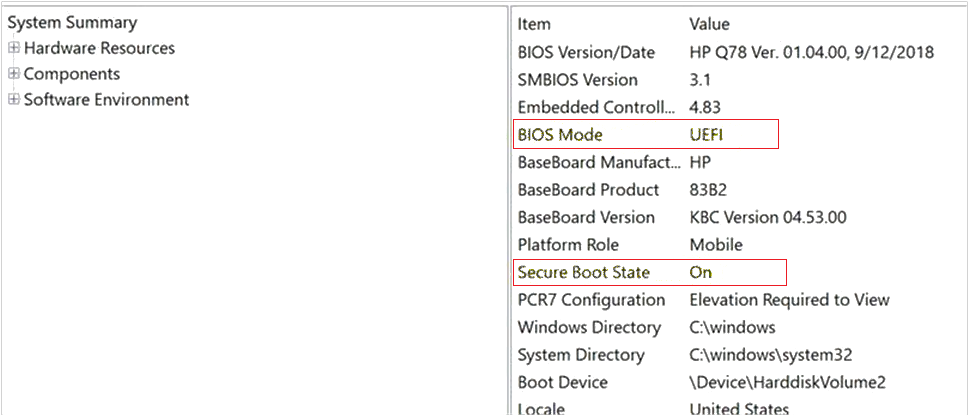 System Information app, showing a supported Secure Boot State