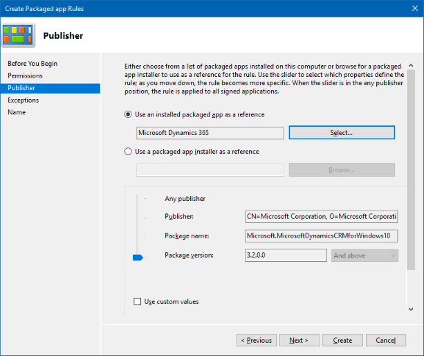 Create Packaged app Rules wizard, showing the Microsoft Dynamics 365 on the Publisher page